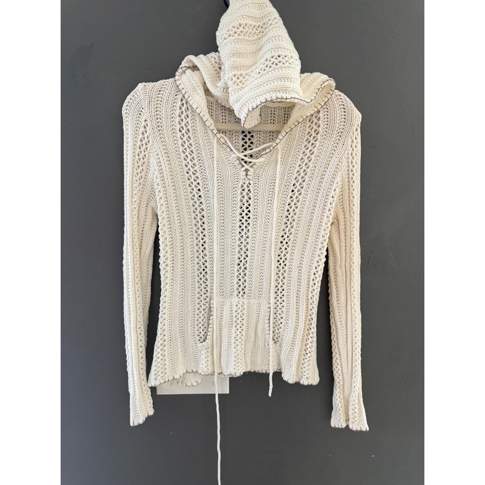 Vanity Vintage Y2K Cream Open Knit Crochet Lace Up Hoodie Sweater Large Cottage